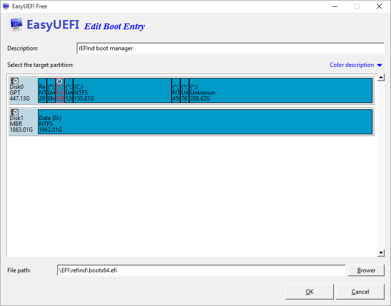 Создание записи о загрузчике rEFInd