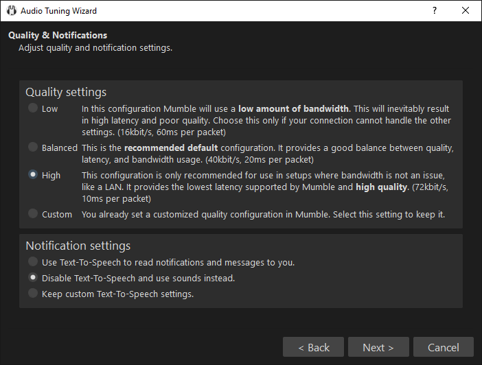 Выбор качества звучания и выключение TTS.