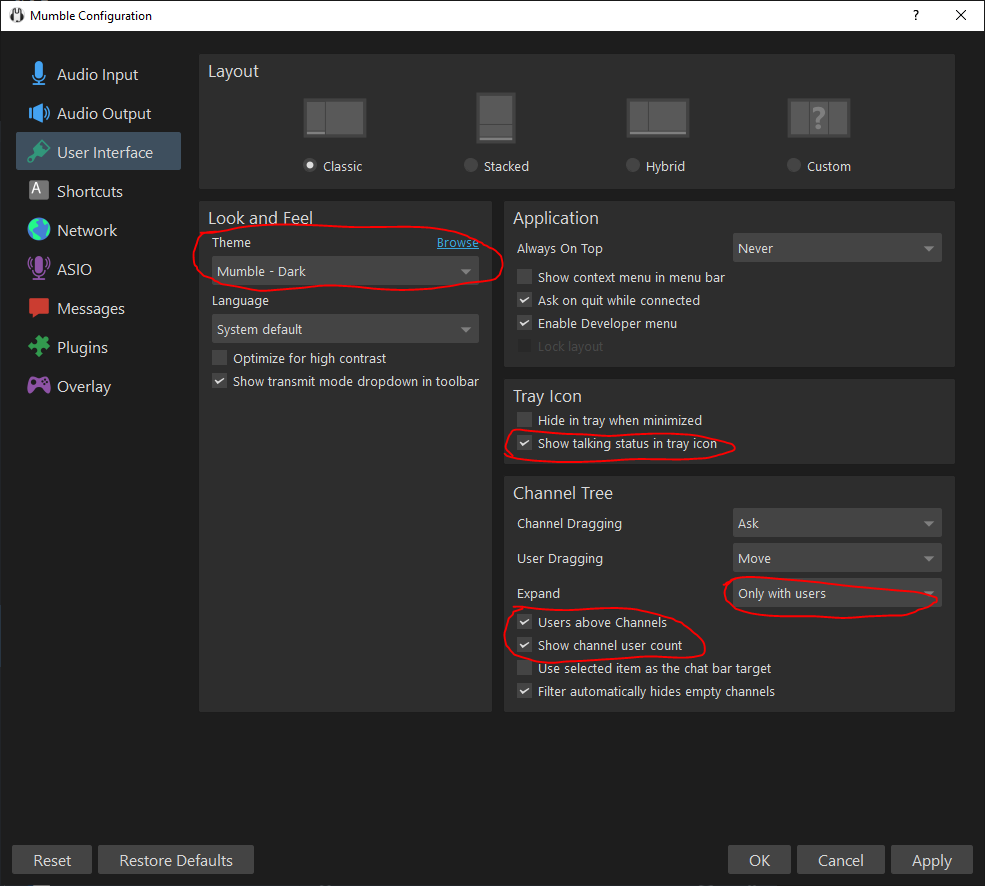 Настройки интерфейса.